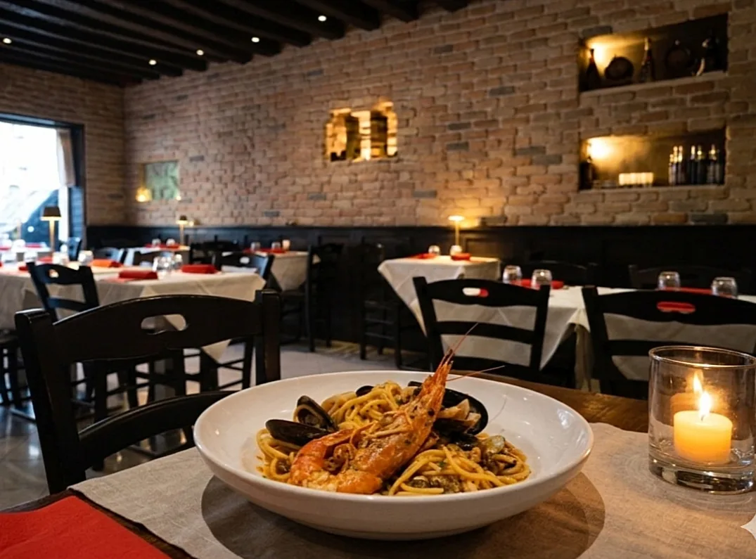 Spaghetti allo scoglio nella sala dell'osteria