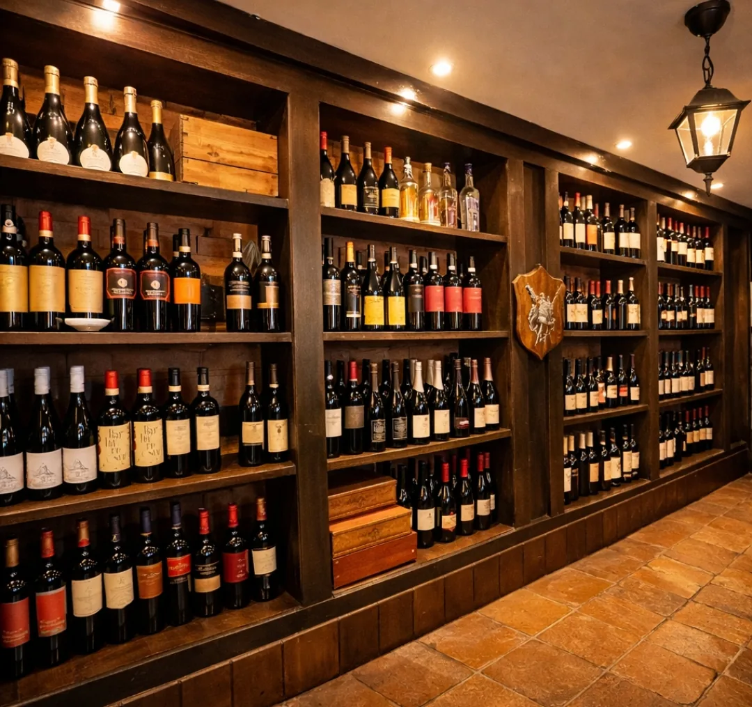 La cantina dell'osteria con bottiglie da tutta Italia